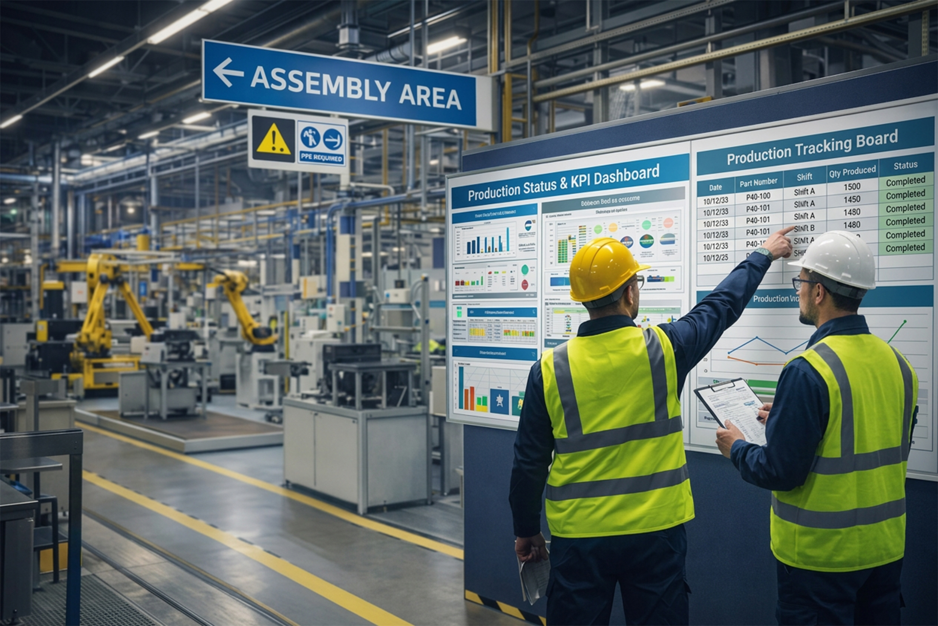 visual management boards in industrial workplace with production tracking